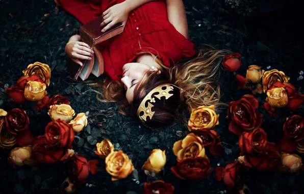 Girl, flowers, sleep, crown, book, Ronny Garcia, My wonderland