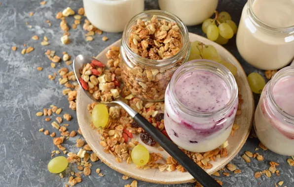 Milk, grapes, muesli, yogurt