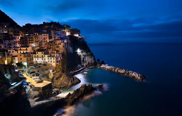 Sea, the sky, light, night, clouds, the city, lights, blue