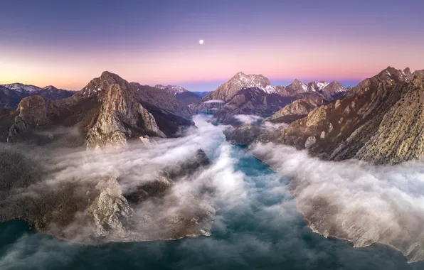 Sea, clouds, mountains, The moon, moon, sea, mountains, clouds