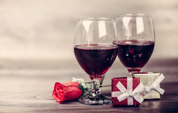 Gift, wine, glasses, red, love, romantic, valentine's day, gift