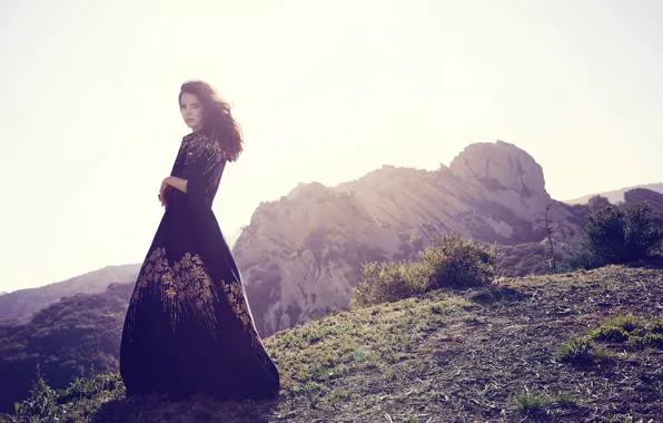 The sun, mountains, dress, brunette, hairstyle, singer, photoshoot, nature