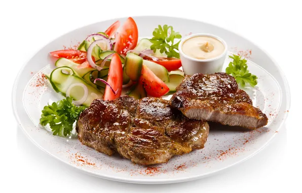 Photo, meat, vegetables, tomatoes, sauce, dish, salad, steak