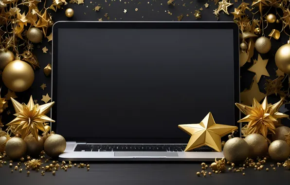 Computer, stars, balls, the dark background, table, gold, Shine, sequins