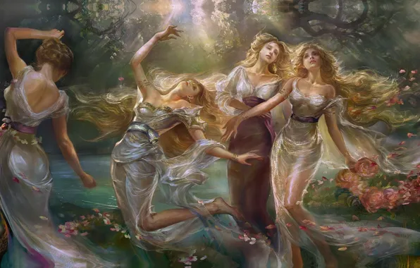 Girls, dance, art, fantasy, rongrong wang, Sisters