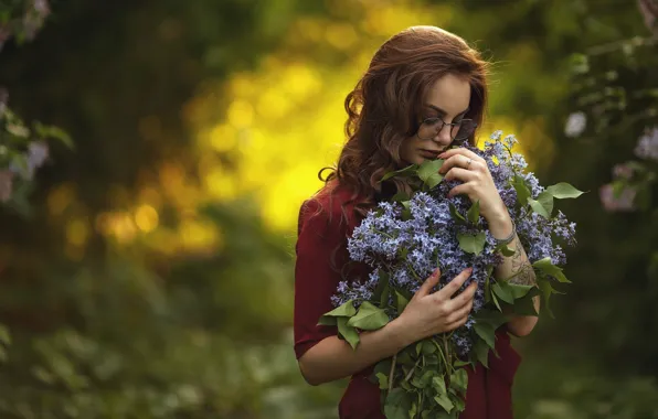 Look, girl, flowers, nature, hair, garden, glasses, lilac