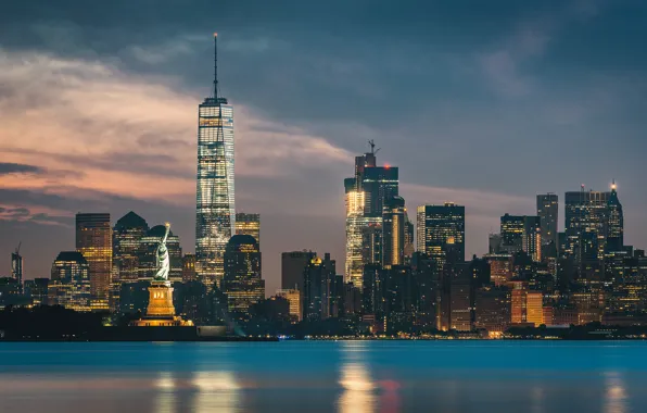 Night, New York, Statue of Liberty, skyscrapers, cityscape