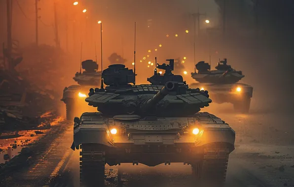 Road, Lights, Night, Tanks, Digital art, Column, AI art, The Art of Artificial Intelligence