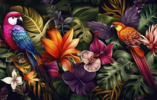 Greens, leaves, flowers, birds, red, nature, tropics, the dark background