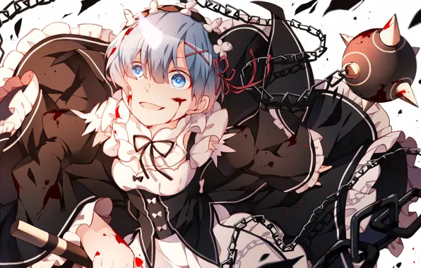Girl, blood, the demon, anime, the maid, art, Rem, Re: Zero kara hajime chip isek …