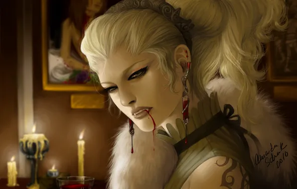 Picture girl, decoration, blood, candles, art, vampire, fur