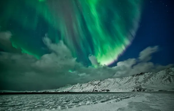 Winter, the sky, stars, snow, mountains, Northern lights, Aurora Borealis