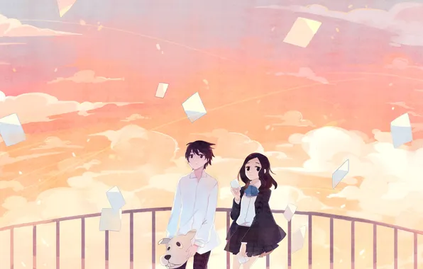 The sky, girl, clouds, sunset, anime, mask, art, pair