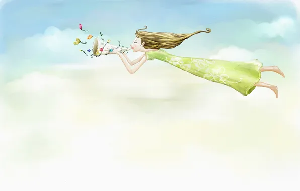 Girl, clouds, flowers, dress, flight, horn, long-haired