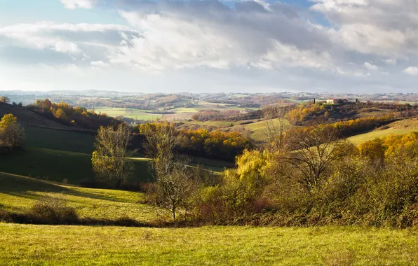 Field, autumn, trees, hills, home