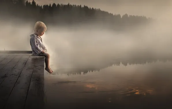Picture children, fog, lake, mood