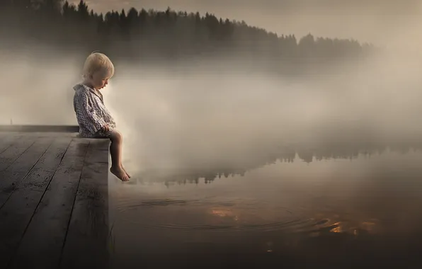 Picture fog, lake, mood, child