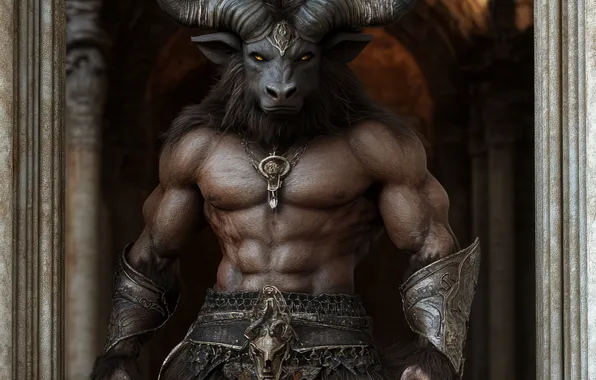 Monster, Horns, Digital art, Muscle, The Minotaur, Mythology, AI art, The Art of Artificial Intelligence