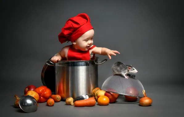 Background, girl, pan, vegetables, rat, cap, rat, scullion