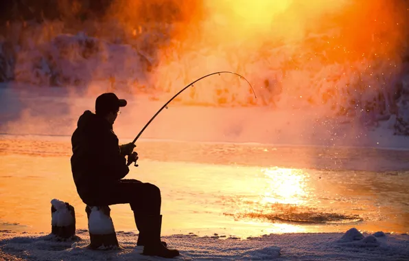 Picture ice, winter, man, fun, Fishing, fishing equipment