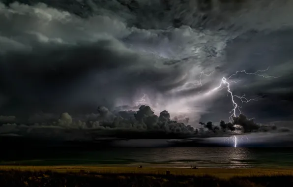 The storm, night, clouds, lake, darkness, river, element, the darkness