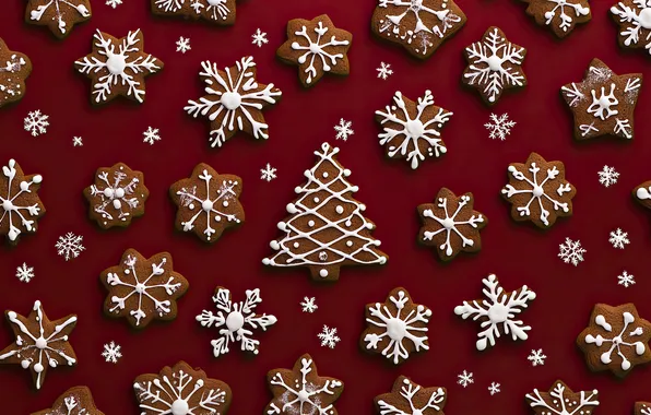 Snowflakes, texture, cookies, Christmas, New year, herringbone, red background, a lot
