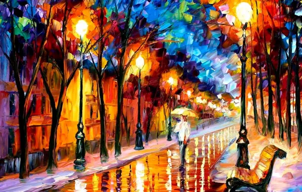 Road, bench, oil, picture, umbrella, lights