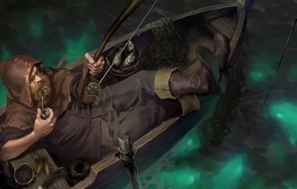Night, boat, man, fisherman, rod, Legends of Runeterra, Smoking pipe