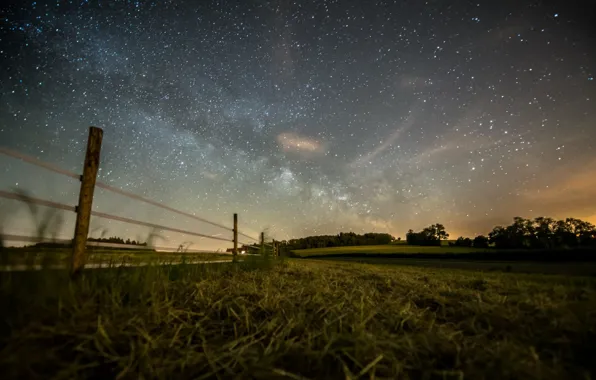 Picture field, forest, summer, the sky, stars, photo, the fence, the evening