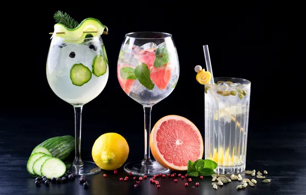 Lemon, ice, cucumber, glasses, fruit, nuts, drinks, mint