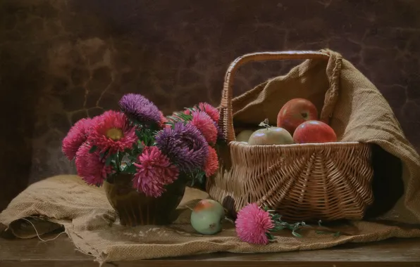 Flowers, basket, bouquet, fruit, still life, burlap