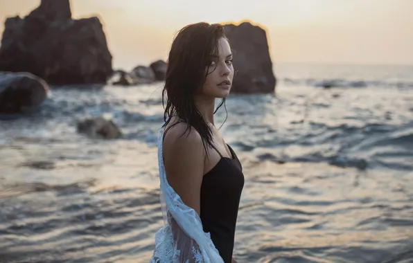 Sea, swimsuit, look, girl, sunset, rocks, brunette, Nicholas David Furnari