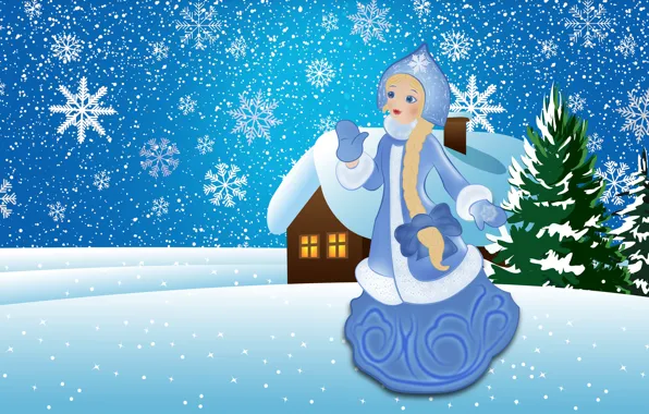 Winter, Girl, Minimalism, Figure, Snow, New Year, House, Christmas