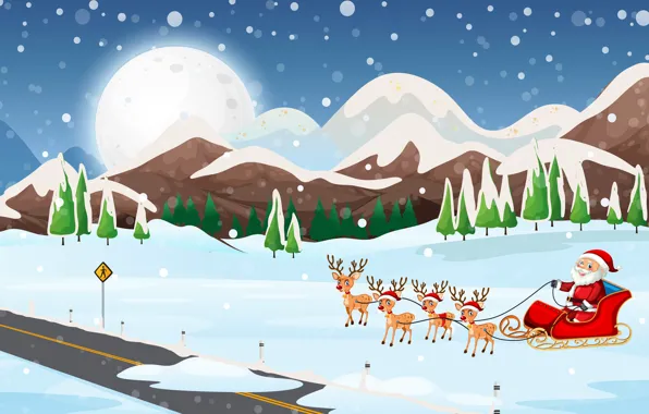 Winter, Mountains, Snow, Christmas, New year, Santa Claus, Deer, Sleigh