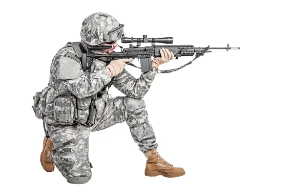 Pose, weapons, shoes, glasses, soldiers, white background, gloves, helmet