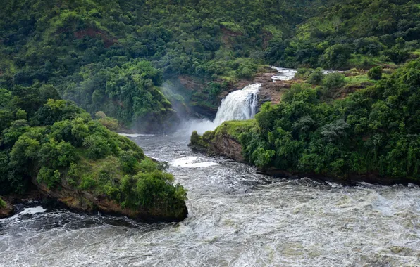 Picture river, trees, landscape, waterfall, banks