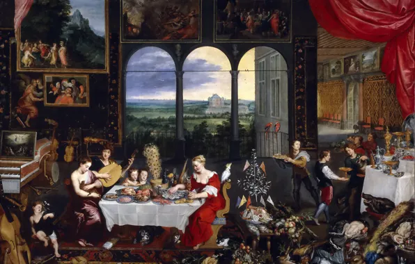 Table, people, feelings, interior, picture, genre, Jan Brueghel the elder, Hearing and Touch