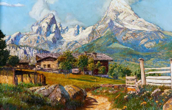 Home, Mountains, Trees, Picture, Alois Arnegger, Alois Arnegger, Austrian painter, Watzmann in the background