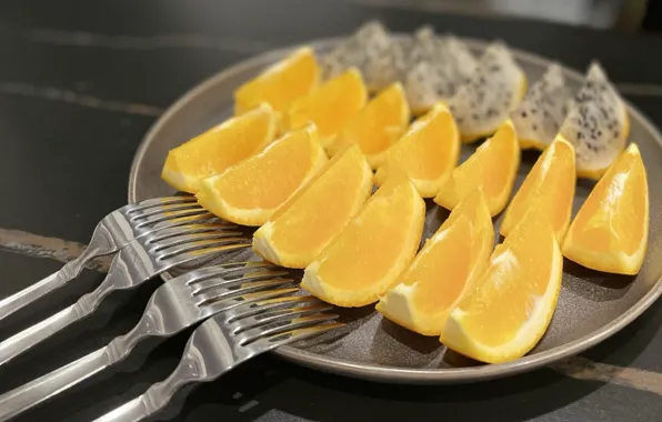 Oranges, plate, fruit, slices, bokeh, cutting, fork