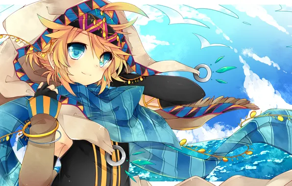Picture the sky, clouds, the ocean, art, hood, guy, vocaloid, Vocaloid