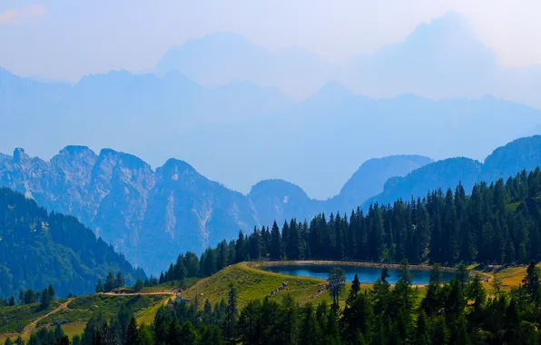 The sky, trees, mountains, lake, pool, haze