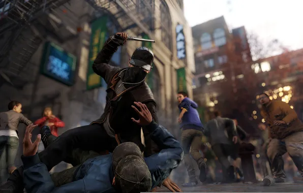 People, street, people, fight, stick, Watch Dogs, beating