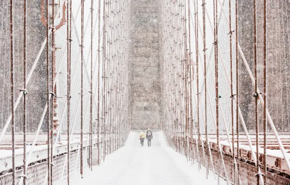 Winter, snow, New York, USA, Brooklyn bridge, Blizzard