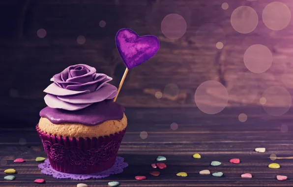 Glare, background, the sweetness, cake, heart, Valentine's day, cream, cupcake
