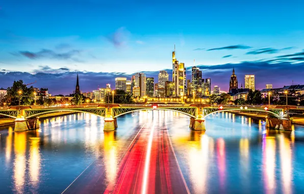 Bridge, lights, building, Germany, pond, Frankfurt