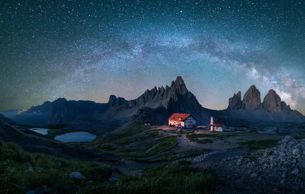 The sky, stars, mountains, night, lake, house