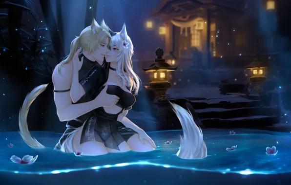Love, flowers, night, pond, the game, fantasy, Fox, a couple