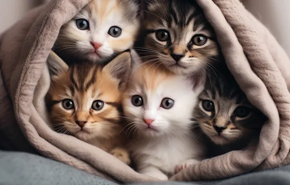 Cats, kittens, kids, company, Milota, faces, AI art, neural network
