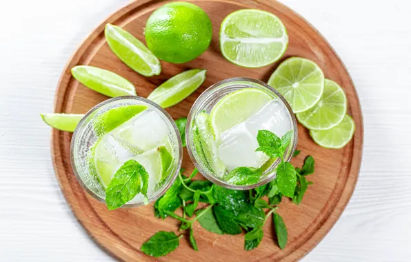 Photo, Leaves, Glass, Ice, Lime, Food, Mojito, Drinks