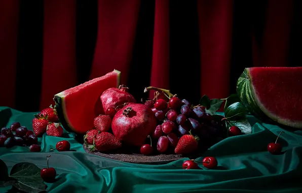 Cherry, berries, the dark background, table, watermelon, strawberry, grapes, fabric